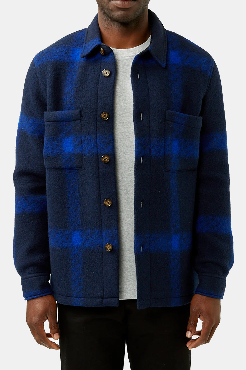 Portuguese Flannel Plaid Fleece Overshirt Shirt (Navy)