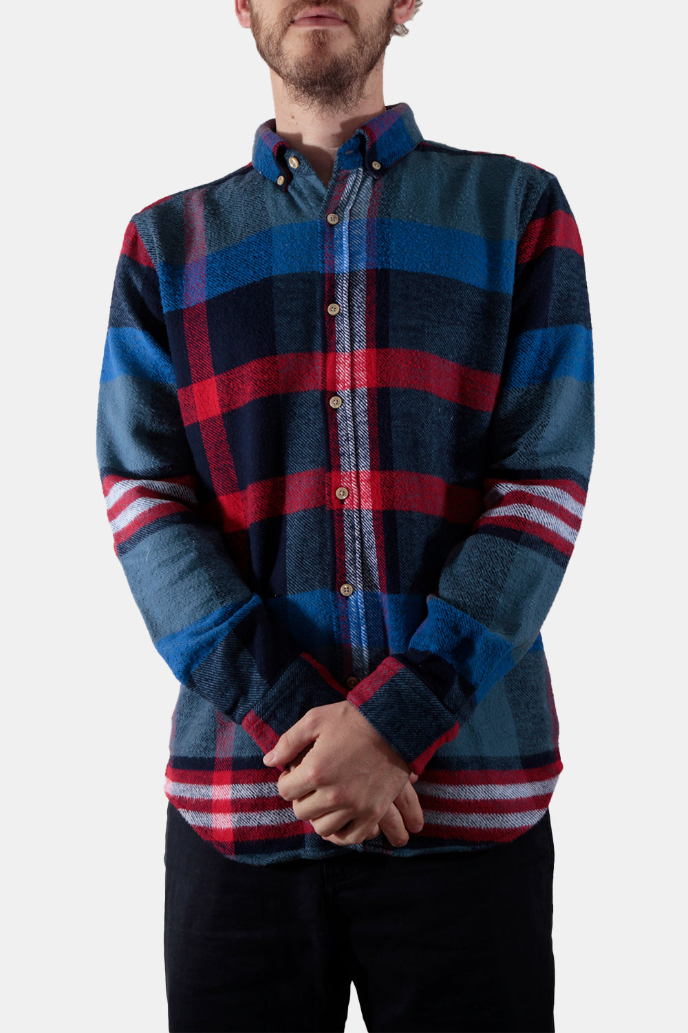 Portuguese Flannel Misaligned Check Shirt (Red / Blue) | Number Six