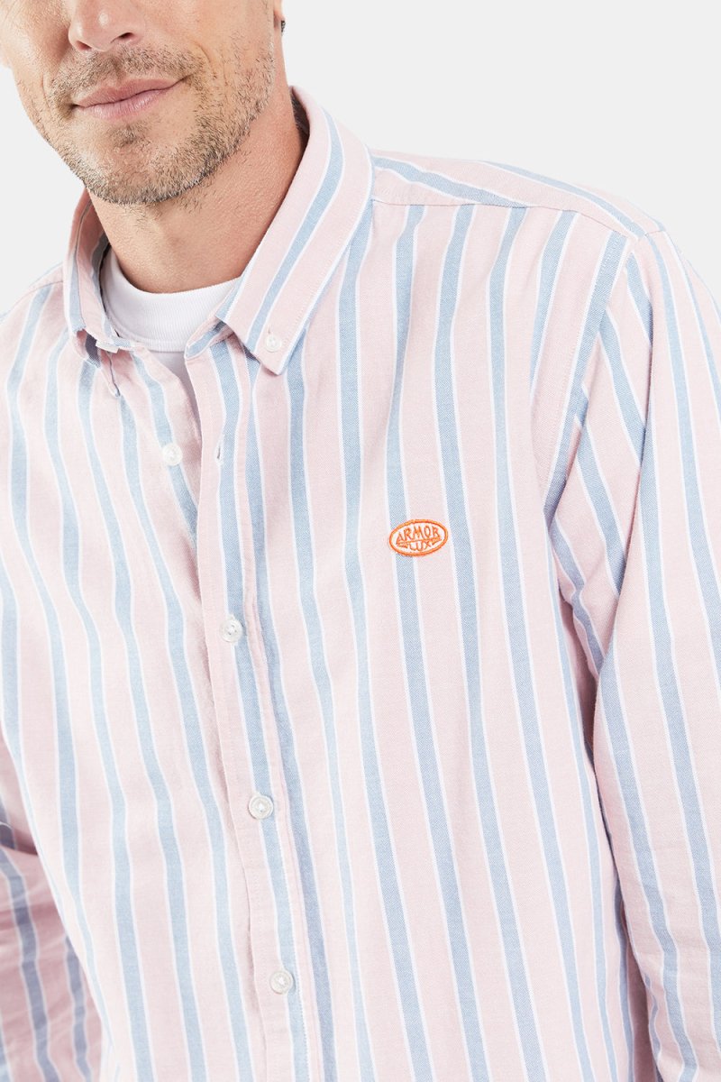 Armor Lux Oxford Stripe Henley Shirt (Pink White Blue) | Shirts