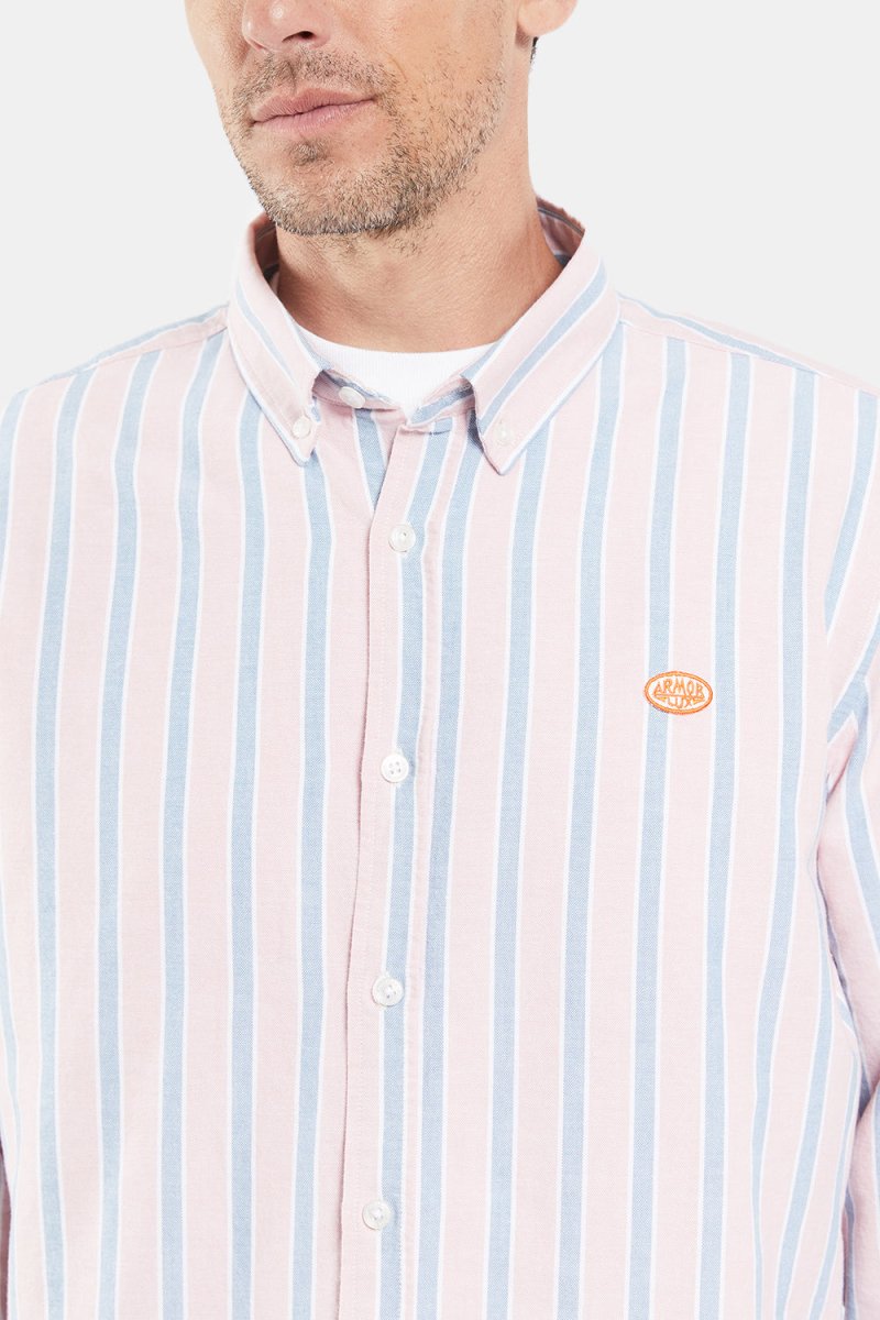 Armor Lux Oxford Stripe Henley Shirt (Pink White Blue) | Shirts