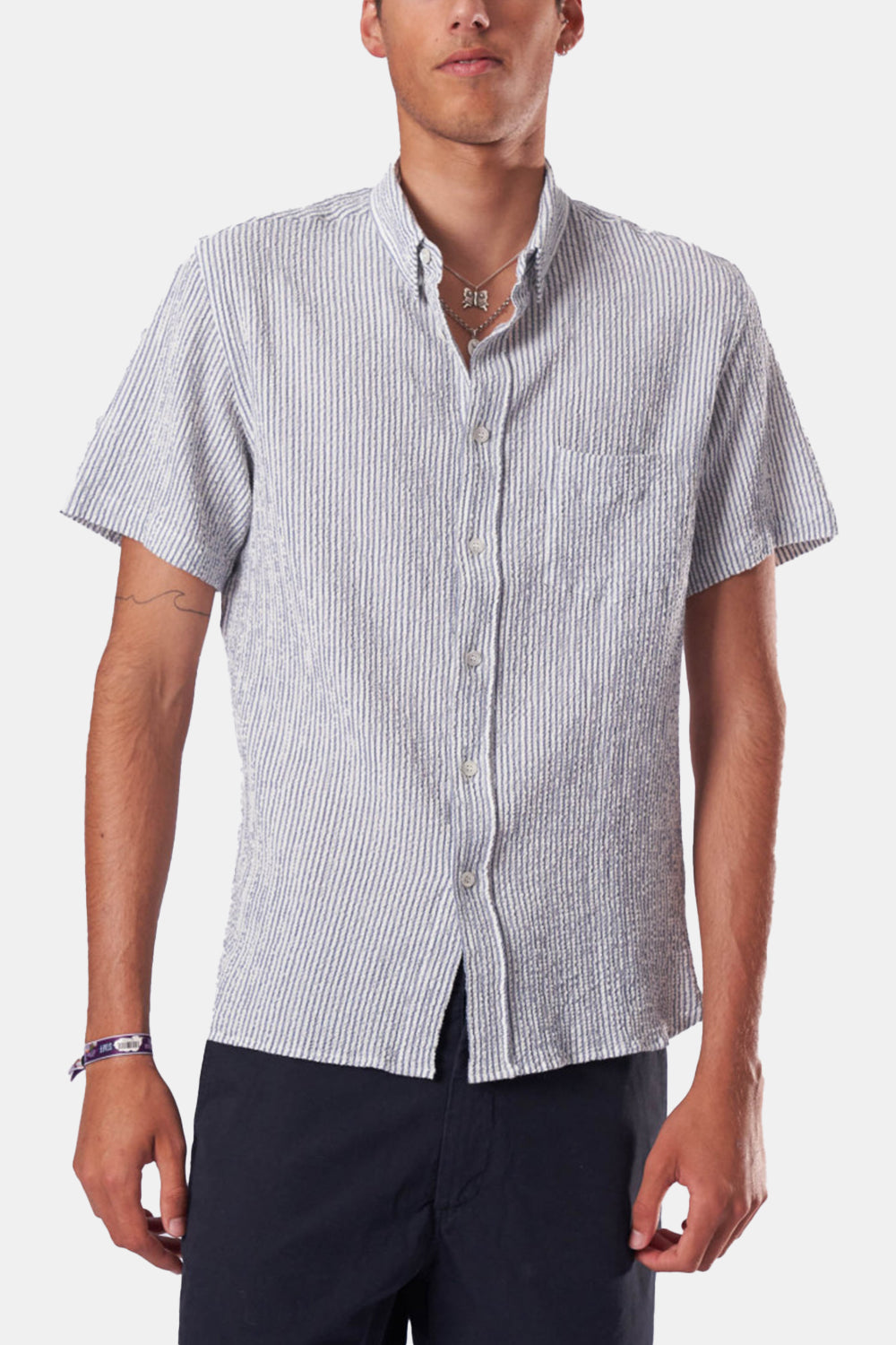 La Paz Ribeiro Pocket Short Sleeve Shirt (Dark Blue Navy Stripes) | Number Six